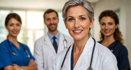 A female doctor with her teammates at the hospital.