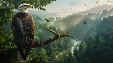 Iconic Bald Eagle Amidst Scenic American Forest Landscape: A Tryst With Nature's Grandeur