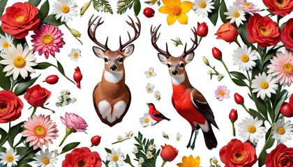 red bird breasted deer flowers cervid animal wildlife mammal stag reindeer nature antler buck elk...