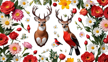 red bird breasted deer flowers cervid animal wildlife mammal stag reindeer nature antler buck elk isolated christmas wild white hunting silhouette head horn brown cartoon fauna forest winter chick