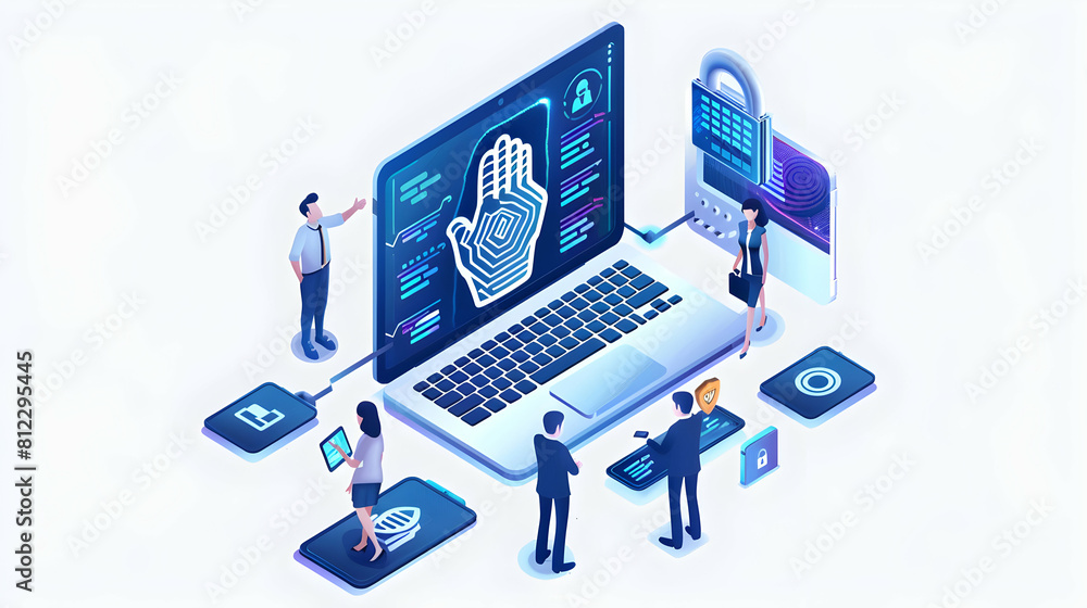 Poster isometric flat design icon: biometric data security concept with security team implementing protecti