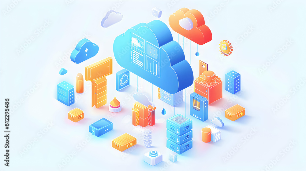 Poster flat design icon: cloud data management concept for companies ensuring secure storage and access iso