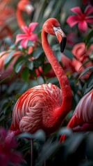 Beautiful bright pink flamingos shown off against the green tropical foliage.