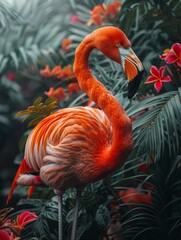 Obraz premium Beautiful bright pink flamingos shown off against the green tropical foliage.
