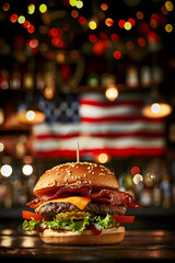 American burger with tomatoes, onions, cucumber, lettuce and melting cheese in a cafe against the background of the American flag. Independence Day. Holiday 4th of July. Blank space for inserting text