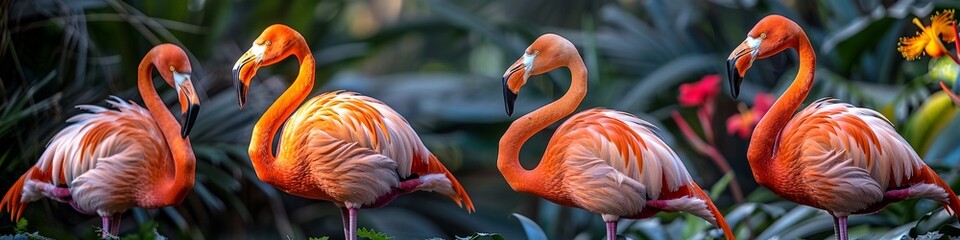 Beautiful bright pink flamingos shown off against the green tropical foliage.