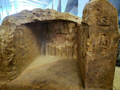 Giza, Egypt, April 13 2024: ancient Monument inside The Grand Egyptian Museum, New Giza Museum, Egypt's gift to the world, the largest archaeological museum in the world, near the Giza pyramid complex