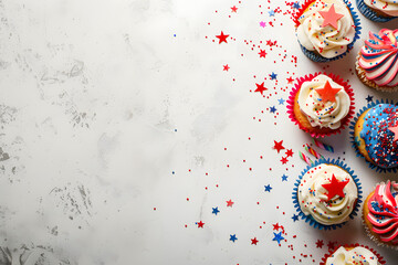 Patriotic Independence Day cupcakes in the colors of the American flag. Happy Memorial Day 4th of July. Blank space for inserting text, advertising