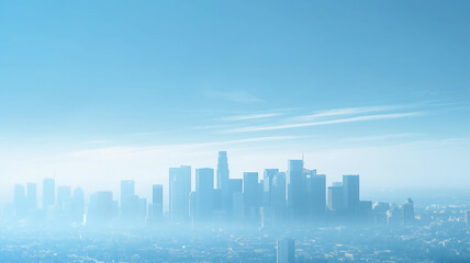 Skyline of a modern city with tall skyscrapers enveloped in morning fog under a clear blue sky.