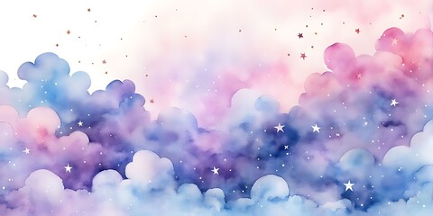 Watercolor sky with clouds and stars, dreamy, soft blue purple and pink color background , banner	