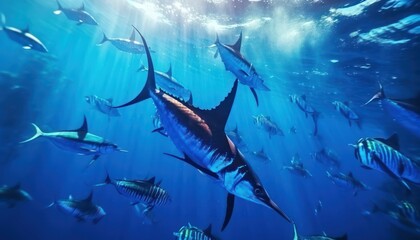 Obraz premium Giant Marlin fish in the ocean, beautiful view of marlin fish in the blue ocean
