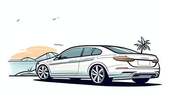 Modern luxury sedan car illustration with a travel background