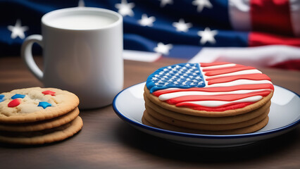 Obraz premium Patriotic Independence Day cake in the colors of the American flag. Happy Memorial Day 4th of July. Blank space for inserting text, advertising