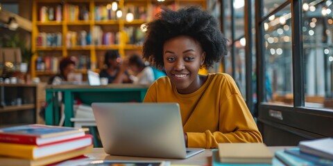 Obraz premium A young woman in a yellow sweater with a joyful expression studying with a laptop in a library
