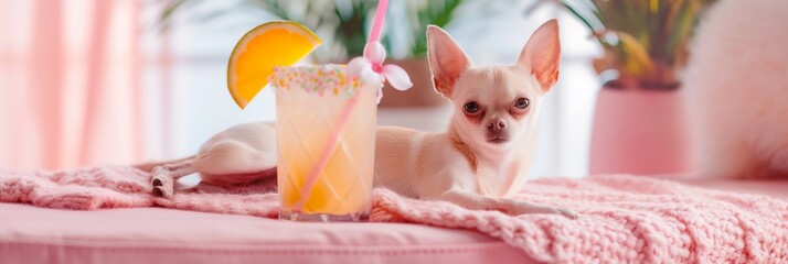 A domestic cat rests next to a tropical cocktail on a soft pink blanket, giving a sense of relaxation and comfort