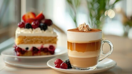Coffee and dessert A choice between latte or cappuccino served in a clear glass cup alongside a fruity cake