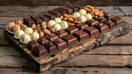 A tempting array of white dark and milk chocolate adorned with nuts beautifully presented on a rustic wooden board
