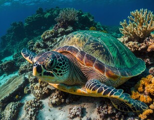 Naklejka premium A close-up of a vibrant green sea turtle resting on a coral reef. 