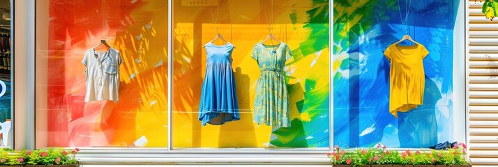 fashionable store window display in the city with colorful dresses