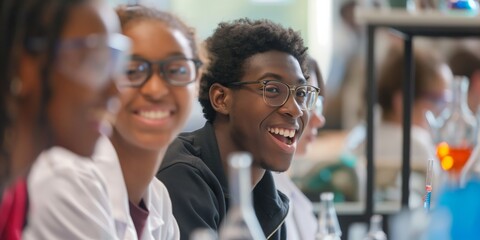 A smiling young man with glasses enjoying a science class in a school laboratory environment