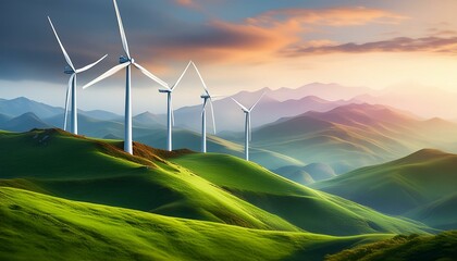 Tall, slender wind turbines standing gracefully on a rolling green hill, their blades in mid 