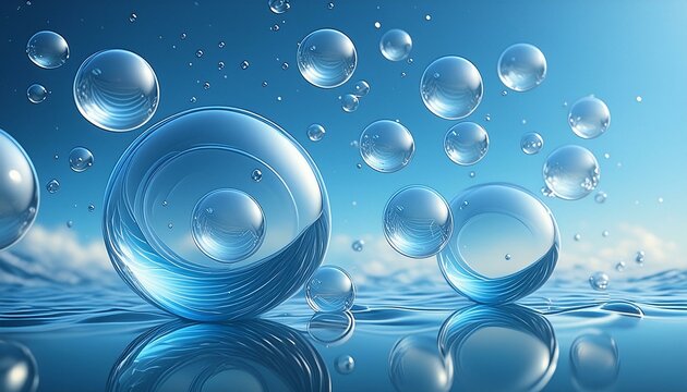 Multiple transparent bubbles floating upwards against a clear sky blue background