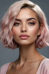 Naklejka premium Luxurious Middle Eastern Woman Brown Eyes Blond Hair Pink Silk Blouse Grey Background