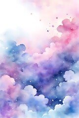 Watercolor sky with clouds and stars, dreamy, soft blue purple and pink color background , banner	