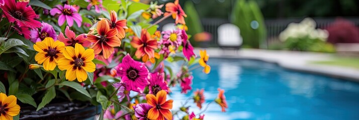 backyard swimming pool, summer, colorful flowers 