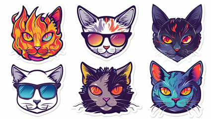 Cool cats. Set of stickers. Cute, funny, stylish kittens on a white background