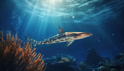 The Giant Sharks in the ocean, portrait of Shark hunting prey in the underwater