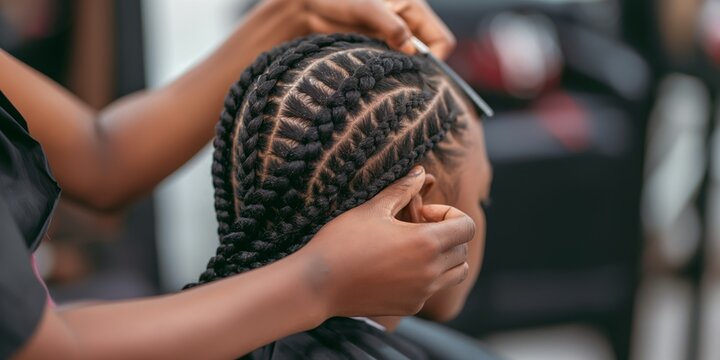 Detailed view of a hairstylist creating intricate braided hairstyle on African descent woman