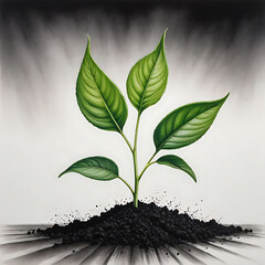 Young green plant growing out of black soil