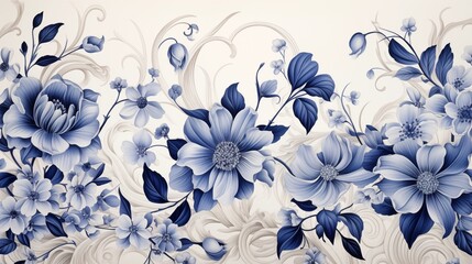 Elegant Blue Floral Wallpaper Design Illustrating Intricate Botanical Patterns.