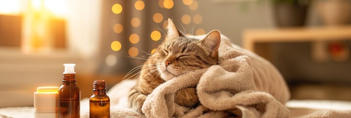 A serene cat sleeps wrapped in a cozy blanket, with glass bottles suggesting a homeopathic or wellness context