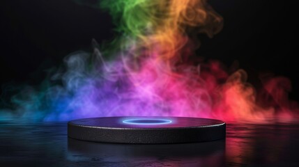 A Round Podium Amidst the Smoke. Round empty platform podium with glowing neon lighting.