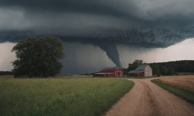 A powerful tornado is approaching a rural area. In the foreground, the seemingly tranquil grassy fields create a striking contrast with the imminent natural hazard