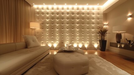 An elegant white quilted pattern is the focal point of the room. Meticulously placed soft ambient light Bathing the space in a warm, inviting light. Gives a comfortable and luxurious feeling.