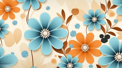 Abstract Blue and Orange Floral Pattern Wallpaper Design.