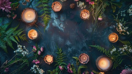 An enchanting Wiccan altar adorned with candles blossoms oak and fern leaves rests against a mystical dark backdrop This scene sets the stage for a captivating ritual blending witchcraft an