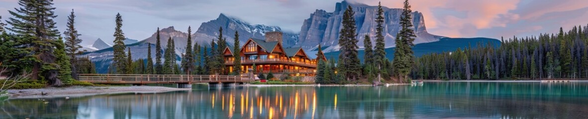 A vacation cabin by the lake with forest and mountains in the background