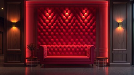 The elegant red quilted pattern draws attention as the focal point of the room. Meticulously placed soft ambient light Bathing the space in a warm, inviting light. Gives a comfortable and luxurious fe
