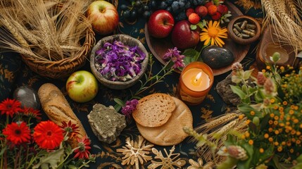 A Wiccan altar celebrating the Lammas and Lughnasadh pagan holiday features a mix of symbolic elements like ears of wheat bread flowers apples minerals an amulet and a candle set against a 