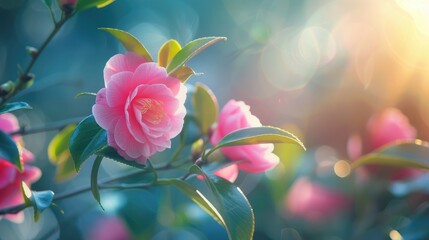 Camellia blossom opening under morning sun represents spring and summer seasons