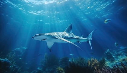 Fototapeta premium The Giant Sharks in the ocean, portrait of Shark hunting prey in the underwater