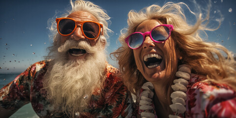 Cheerful elderly couple laughing on a sunny beach day. Generative ai