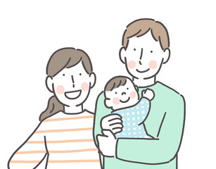 赤ちゃんを抱っこするパパと笑顔のママ