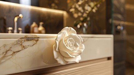 Drawer handle designed like a rose flower on a vanity table