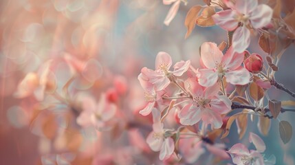 Detailed view of a flowering apple tree against a soft blurred background