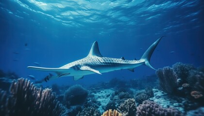 Obraz premium The Giant Sharks in the ocean, portrait of Shark hunting prey in the underwater